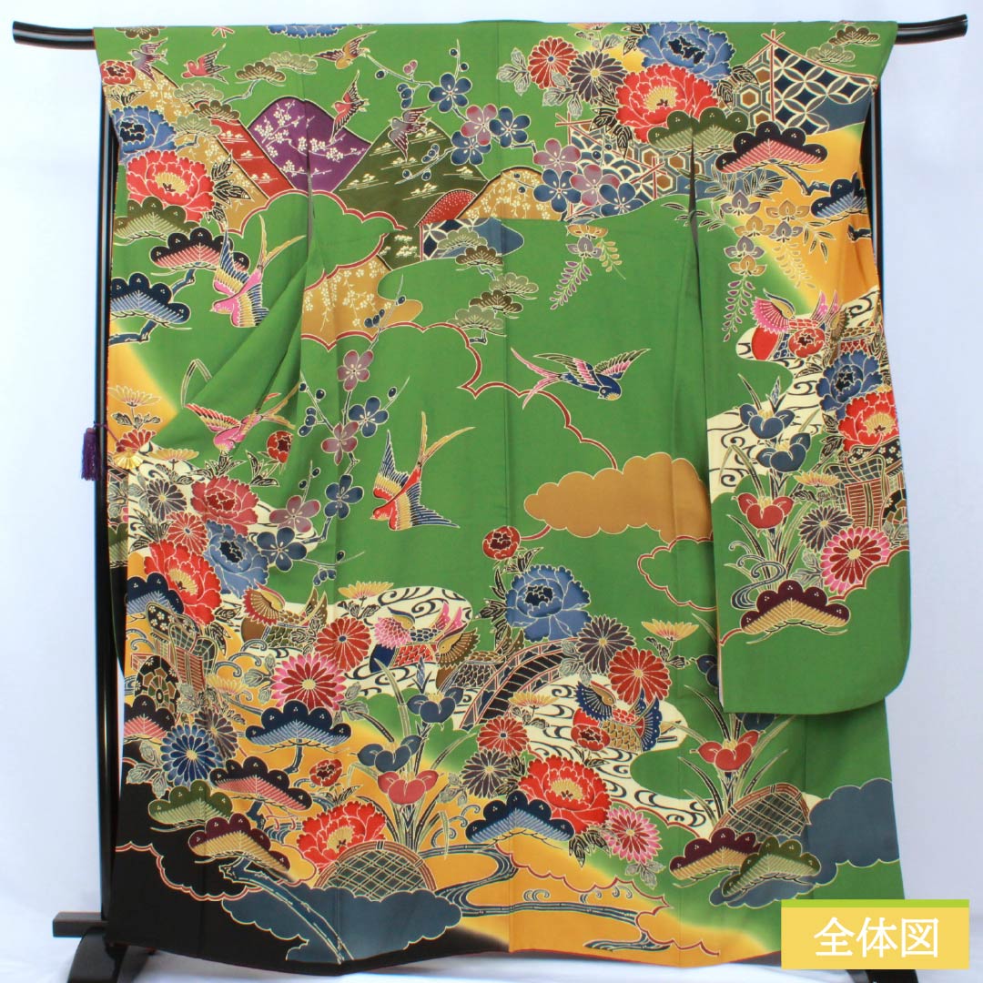 振袖 正絹 Aランク 身丈164.5cm 裄丈69cm 袷 松葉色（まつばいろ） 京紅型 吉祥文様 牡丹 菊 松 緑系 1113002363419