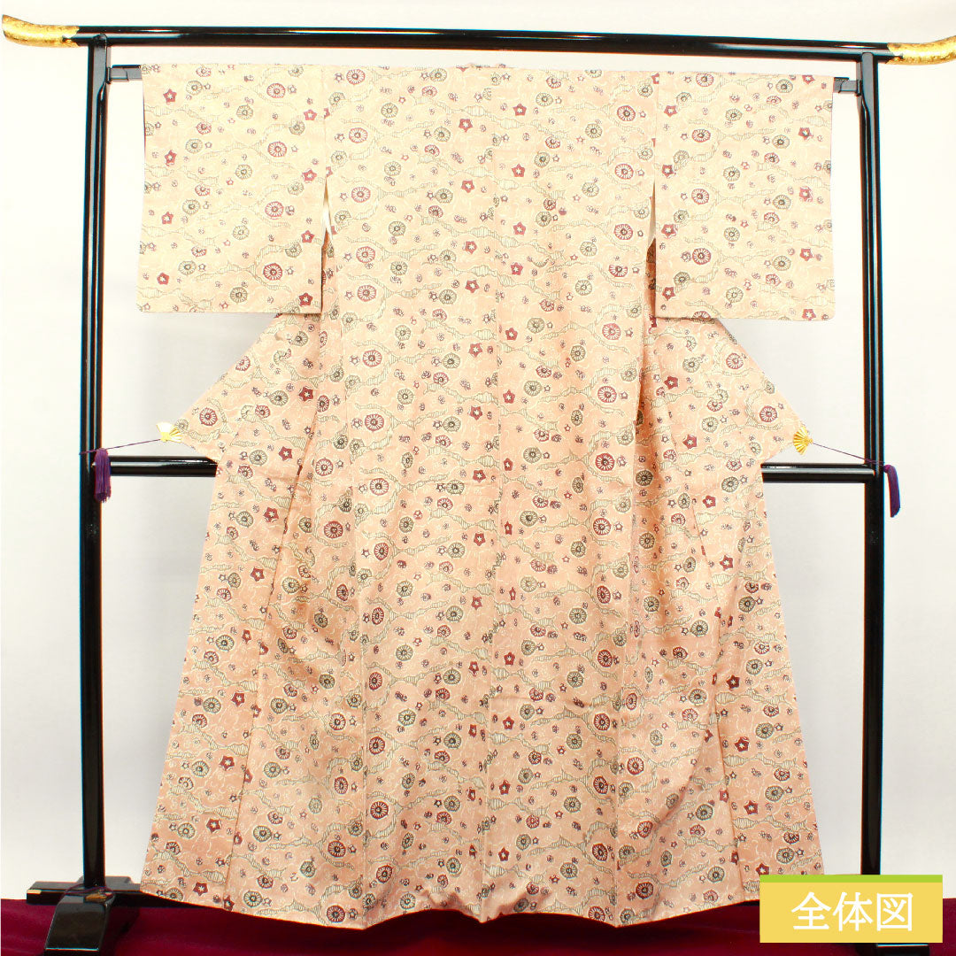 Komon, pure silk, length 160cm, sleeve length 66cm, lined, maiden color, pongee fabric, Kyoto Bingata, abstract pattern, S rank, pink, 1115003532413