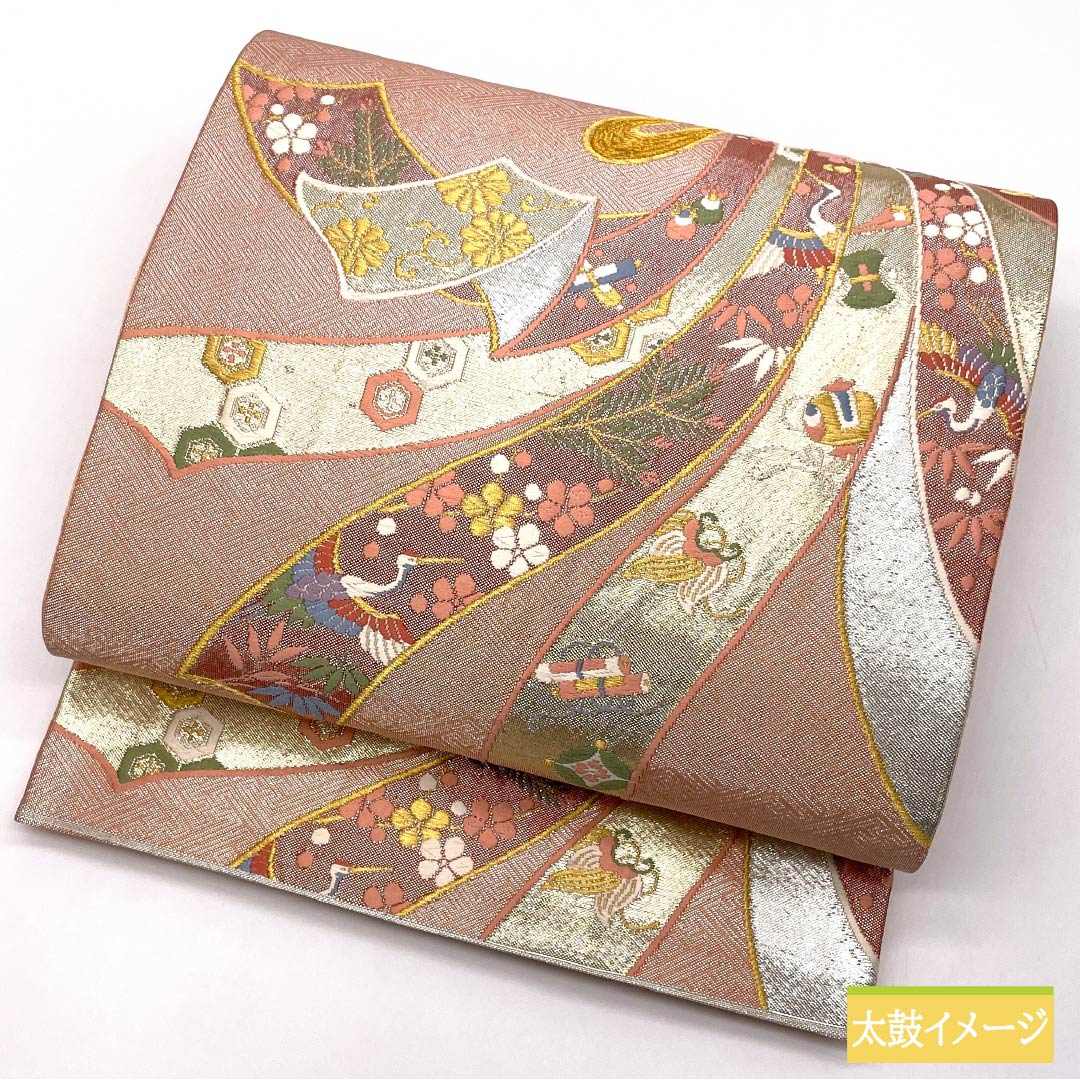Fukuro Obi, pure silk, Shinonome color, Saga Nishiki, bundled noshi, treasure design, flower arabesque, obi length 472cm, S rank, six-way, formal, pink, 1123013482413