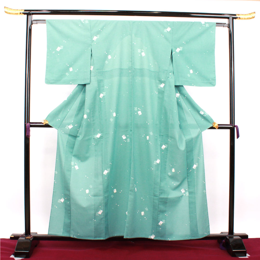 Summer kimono, polyester, small pattern, length 158.5cm, sleeve length 62cm, flower green-blue color, washable kimono, cherry blossom petals, silk, S rank, green, 1132001692319