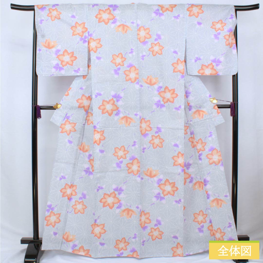 Cotton Yukata, Length 164.5cm, Sleeve Length 67.5cm, S Rank, Single Layer, Grayish, Hakudo-iro (White Copper Color), Hemp Leaf Flower Design, 1118006522422