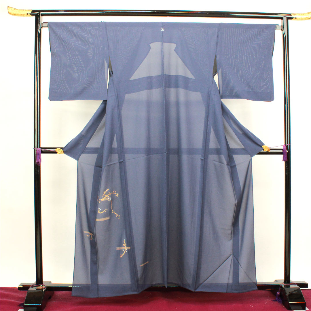 Visiting kimono, summer, length 158cm, sleeve length 66cm, dark color, silk, Takeyamachi embroidery, abstract pattern, bellflower with three scales, pure silk, S rank, navy blue, 1112002772318