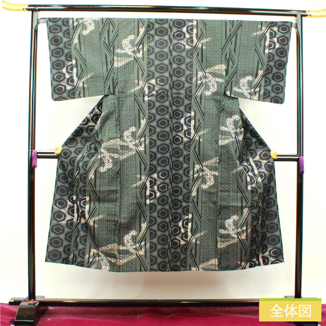 Yukata Cotton Length 142.5cm Sleeve length 67.5cm S rank Single layer Green Shimamatsunezuiro Men's Geometric pattern 1118004892419