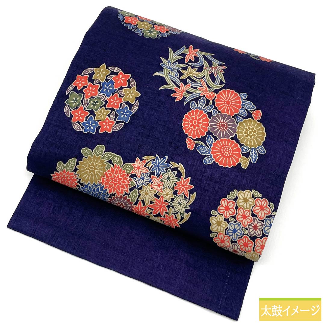 Nagoya Obi, Pure Silk, S-Rank, Gold-Blue, Stencil-Dyed, Flower and Circle Pattern, Autumn Leaves, Length 378cm, Full Length, Casual, Navy Blue, Item Number 1124009732318, Nagoya Style
