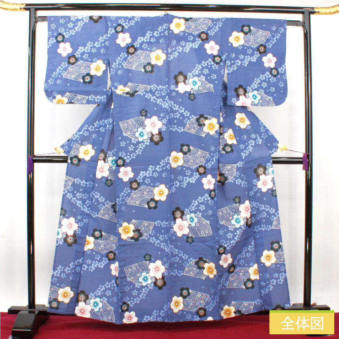 Yukata Cotton Length 160cm Sleeve length 64cm S rank Single layer Blue Edo-nandou color Cherry blossom Folding fan 1118005192417