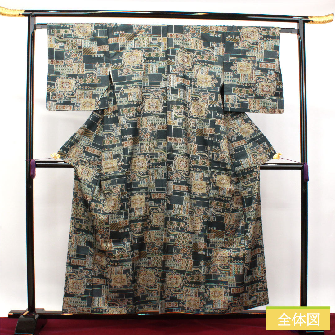 Komon, pure silk, length 156.5cm, sleeve length 65.5cm, lined, dark blue, tsumugi fabric, geometric pattern, with basting thread, S rank, blue, 1115003882317