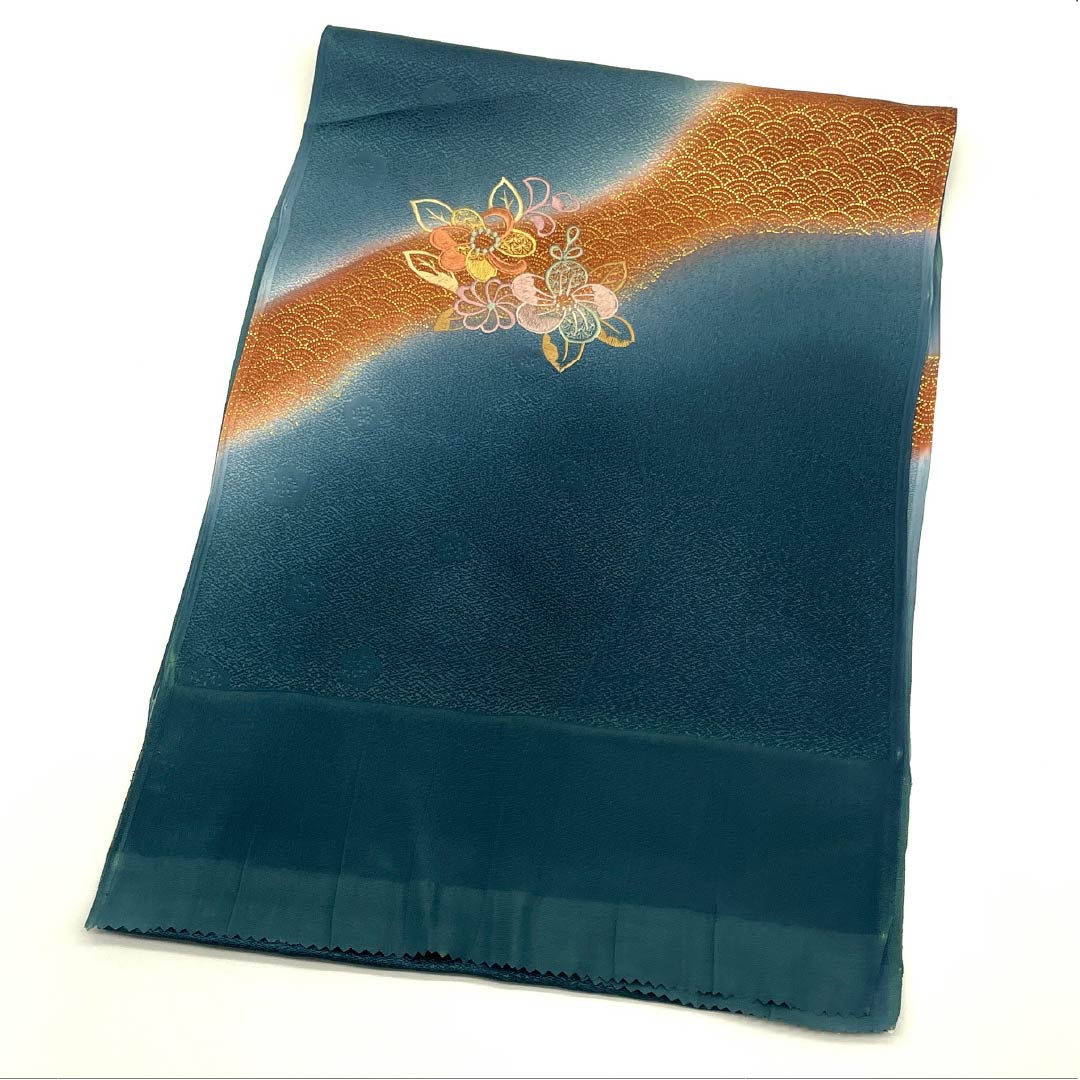 Obiage Silk S-rank Semi-formal Aitetu-iro (indigo iron color) Seigaiha flower embroidery Length approx. 173cm Width approx. 29cm Blue 1136002542917
