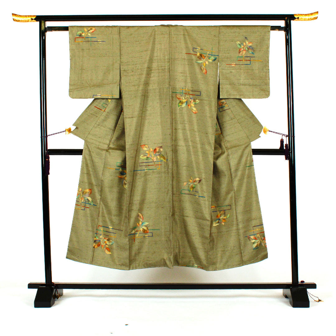 Tsumugi Length 150cm Sleeve length 62cm Striped pattern Hand-woven Pure silk S rank Awase Green 1116001012219