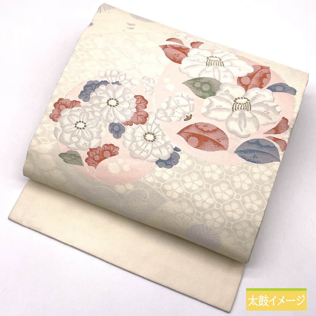 Nagoya Obi, Milky White (Nyuhakushokuiro) Design, Chinese Flowers, Chrysanthemums, and Peony, 350cm Long, Pure Silk, Grade A, Pointed Pattern, Semi-Formal, Cream, Item Number: 1124008453315, Nagoya Style