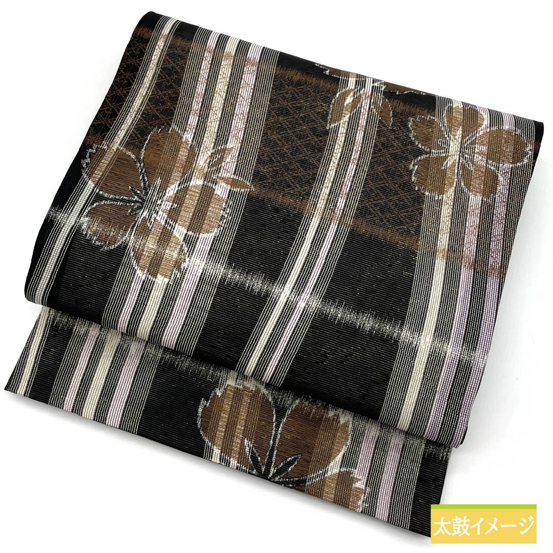 Nagoya obi, pure silk, reversible, lattice pattern, cherry blossom pattern, summer obi, obi length 370cm, S rank, full length, semi-formal, black, 1124006802310, open style