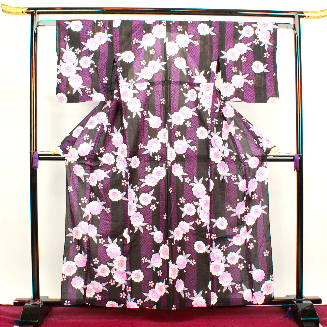 浴衣 モノトーン 桜 木綿 Sランク 単衣 身丈160cm 裄丈62.5cm 紫系 1118001442420