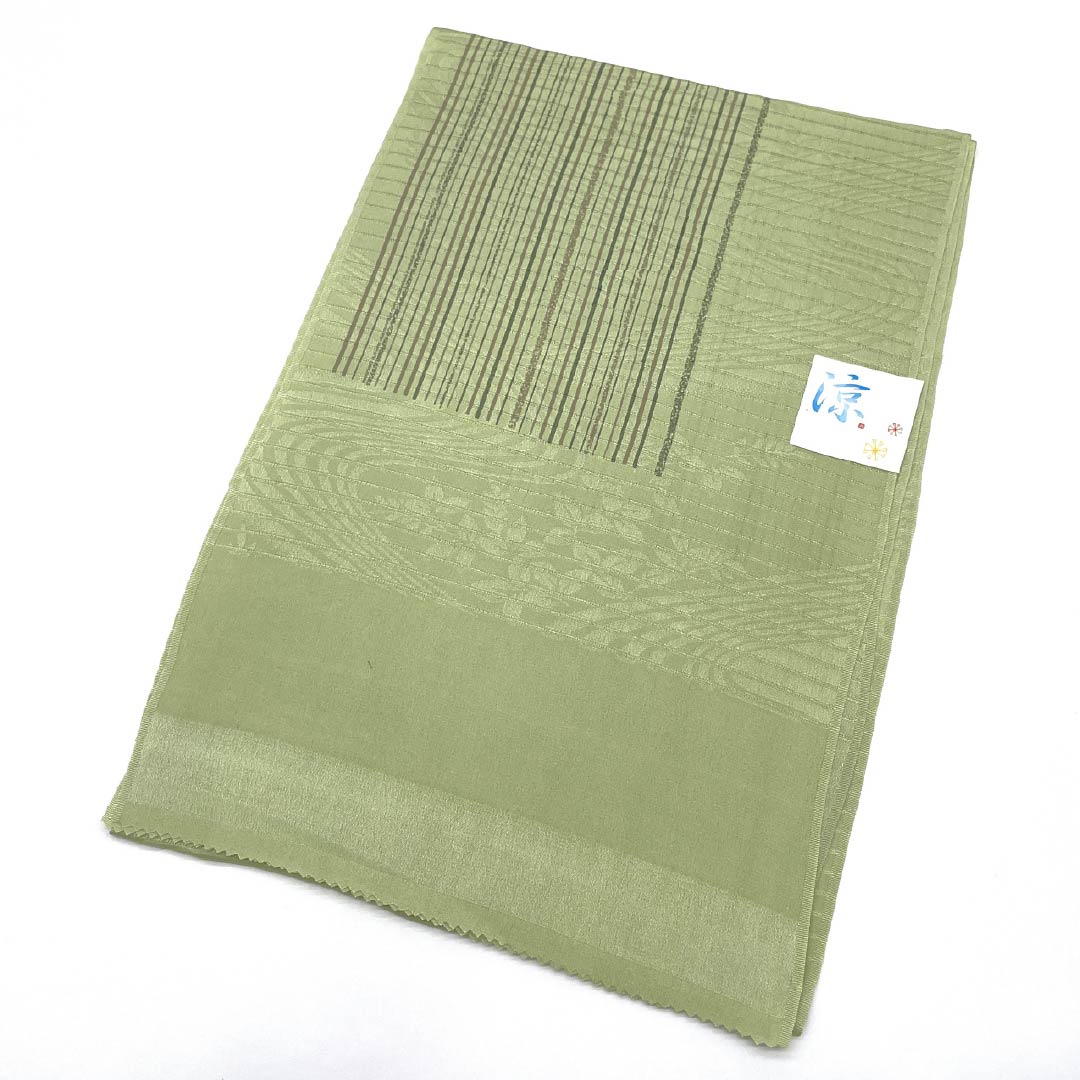 （新品）帯揚げ 正絹 セミフォーマル 柳茶色（やなぎちゃいろ） 夏物 縞 幾何学模様 長さ約168cm 幅約28cm NEWランク 緑系 1136000881919