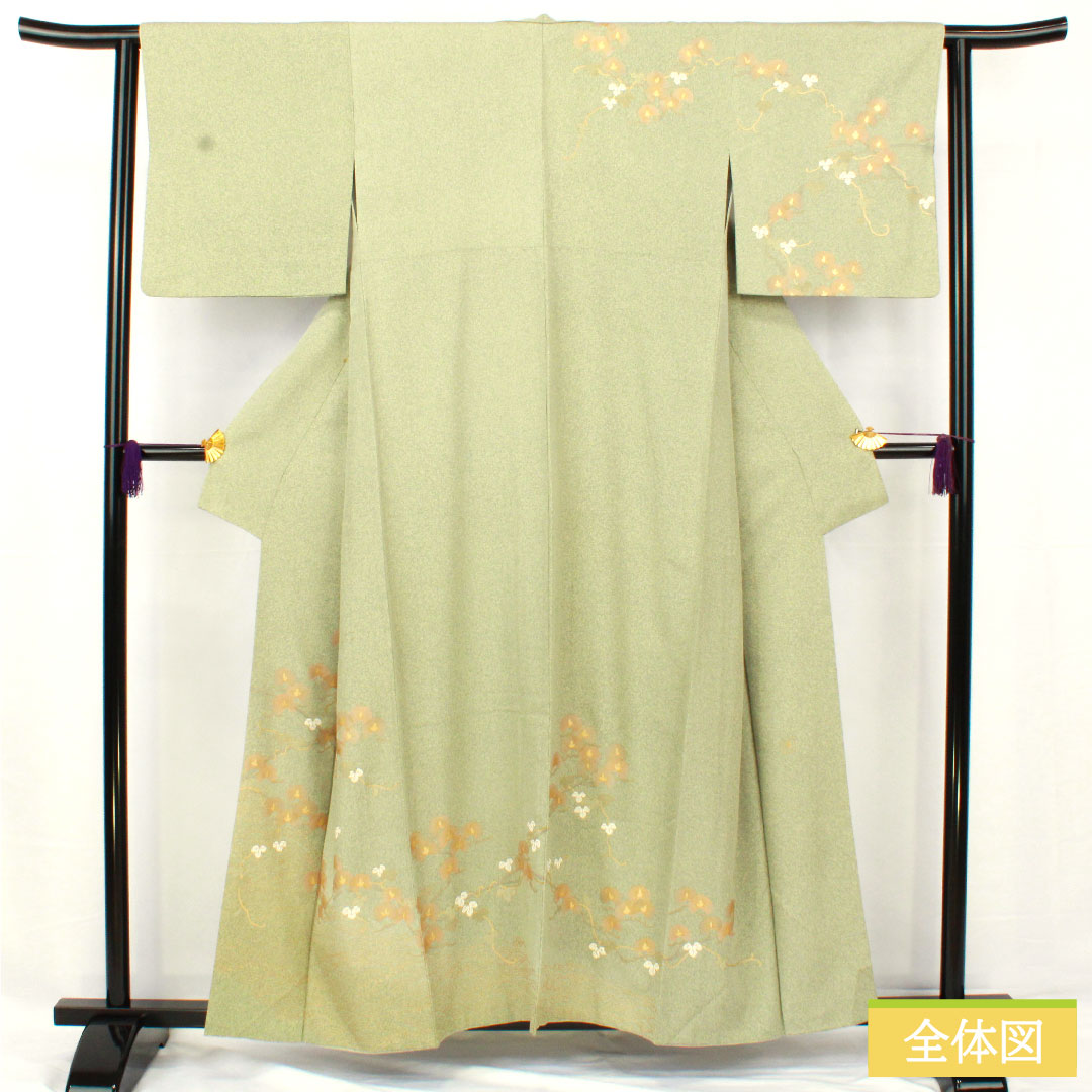 訪問着 正絹 袷 身丈155cm 裄丈62cm 裏葉色（うらはいろ） 京友禅 タタキ染 草花模様 作家物 Aランク 緑系 1112005413319