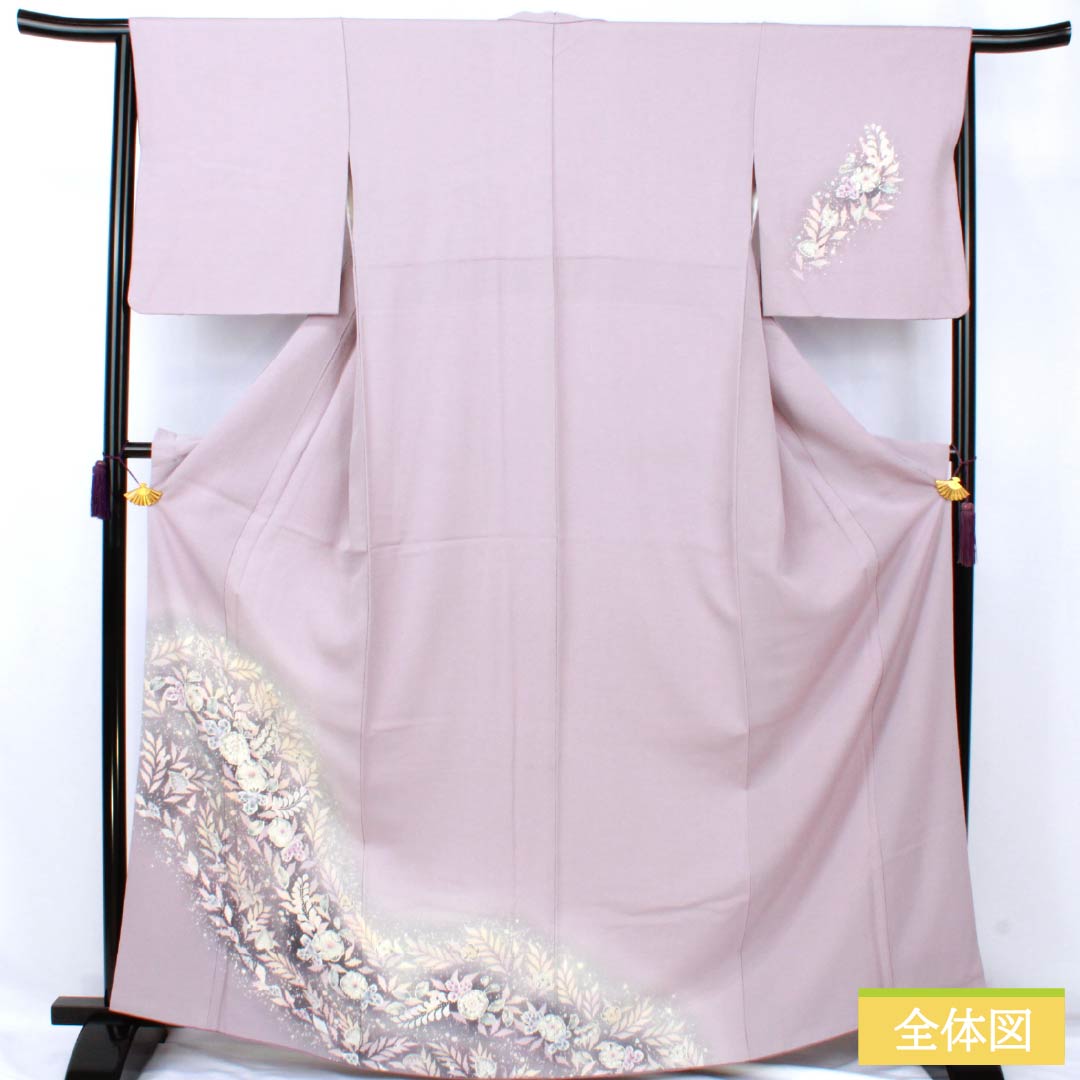 Visiting Kimono, Pure Silk, S Rank, Lined, Length 165cm, Sleeve Length 64.5cm, Shrimp-colored, Kyoto Yuzen, Tsujigahana Pattern, Purple, Item Number: 1112007222520