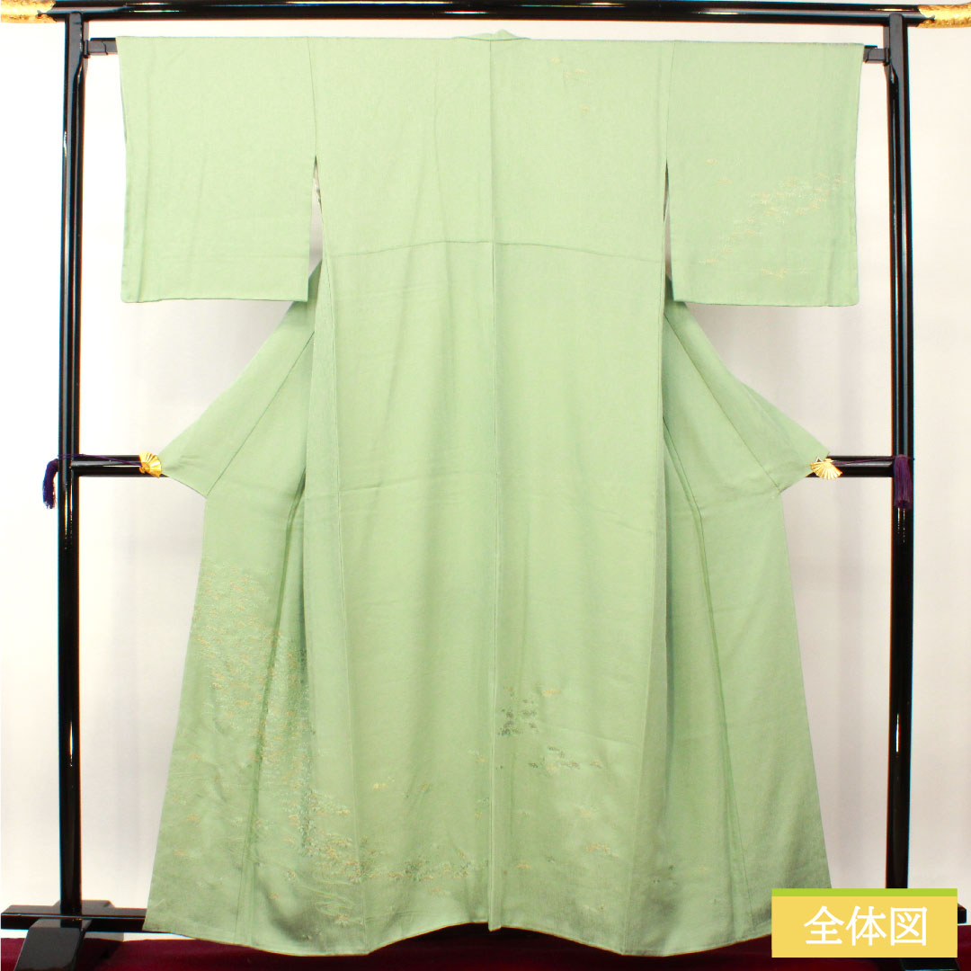 訪問着 正絹 袷 身丈159.5cm 裄丈66cm 裏葉色（うらはいろ） 蘇州刺繡 松 流水 しつけ糸付き 未使用品 Sランク 緑系 1112004172319