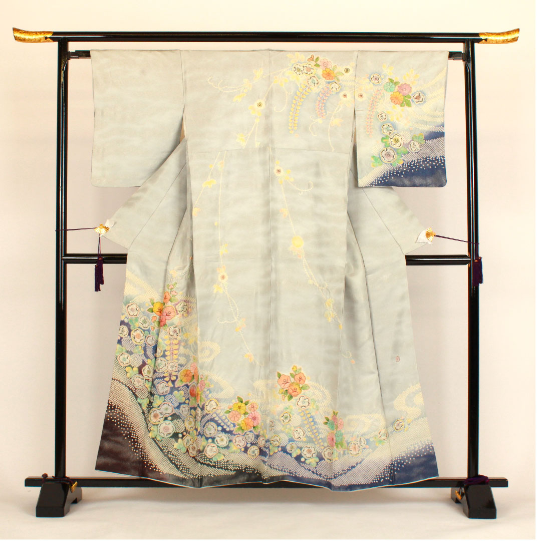 Homongi, lined, length 159cm, sleeve length 66cm, Tsujigahana, silver thread, artist's work, pure silk, S rank, gray, 1112000532322