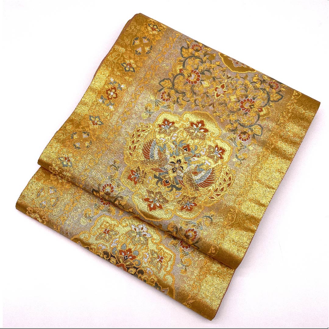 [Unfinished] Fukuro obi, genuine silk, S rank, gold, Kenjo Hōō Kamon (tribute phoenix flower crest) with chokin (metal engraving), made by Maizuru, obi length 440.5cm, rokutsu (pattern on six portions), formal, gold-toned, 1123005992321