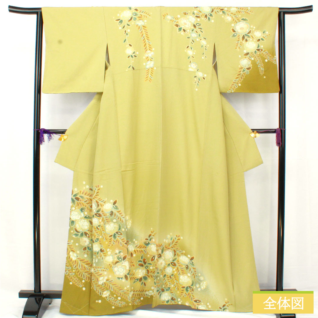 訪問着 正絹 袷 身丈162cm 裄丈62.5cm 薄柳色（うすやなぎいろ） 辻ヶ花 ちりめん地 重ね衿付き しつけ糸付き Sランク 緑系 1112005202419