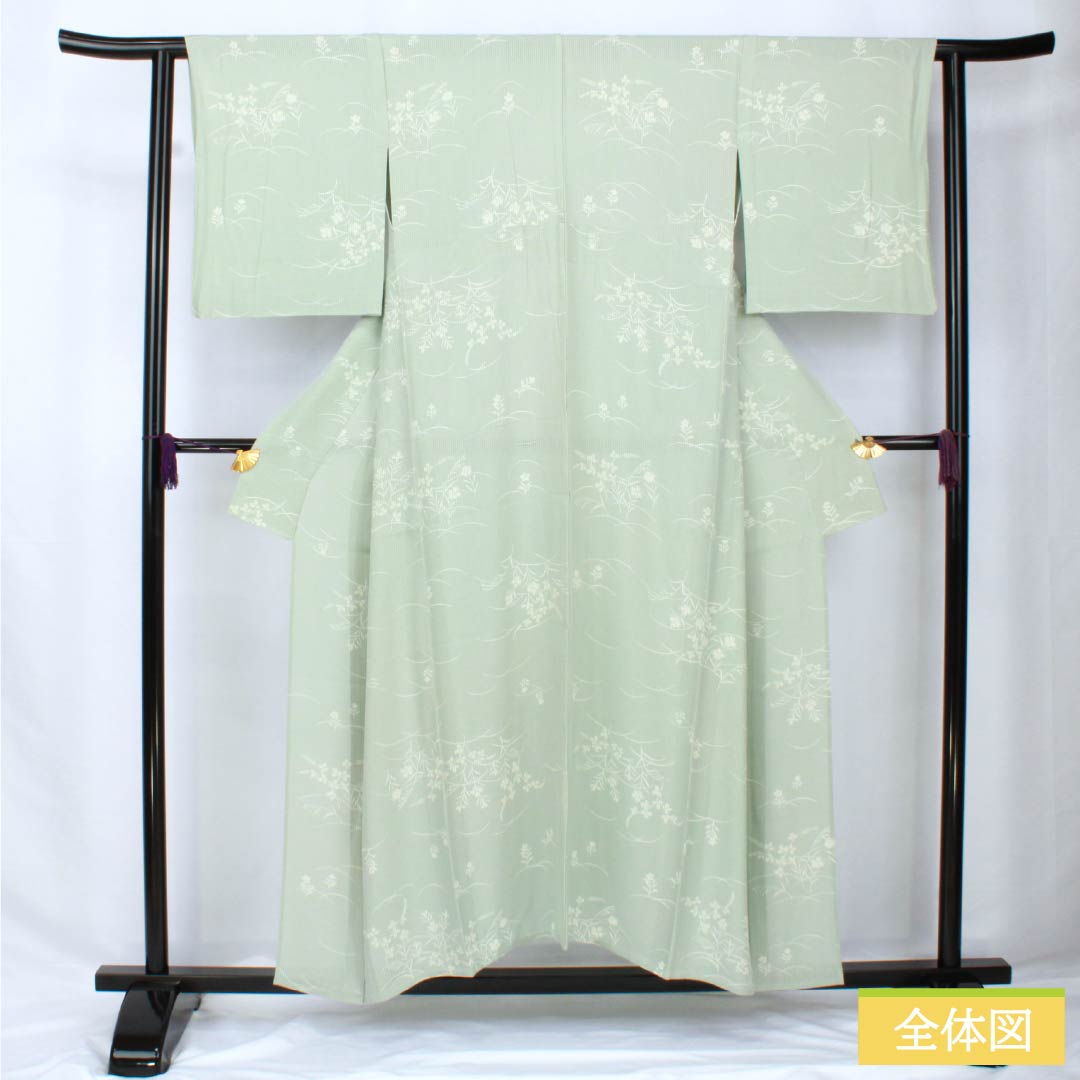 夏物 正絹 小紋 身丈153cm 裄丈62cm 白緑色（びゃくろくいろ） 京友禅 秋草 三松シルクケア 絽 Aランク 緑系 1132002093219