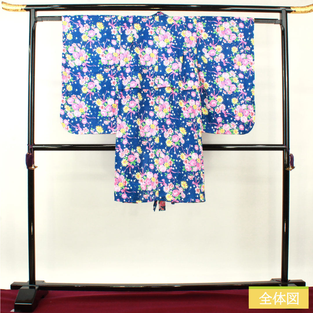 Yukata Cotton Length 107.5cm Sleeve length 56.5cm S rank Single layer Navy blue Lapis lazuli color Shoulder raising included Body raising included Floral pattern 1118005022118