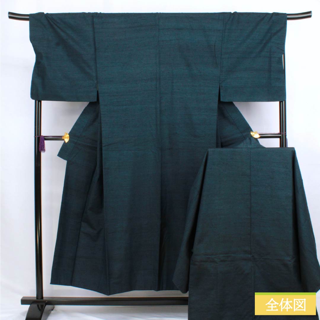 Men's Pure Silk A-Rank Kimono, Length 149cm, Sleeve Length 71cm, Indigo Iron (Aite-iro) Color, Tsumugi Fabric, Lined, Blue Tones, Product Code: 1119001263417