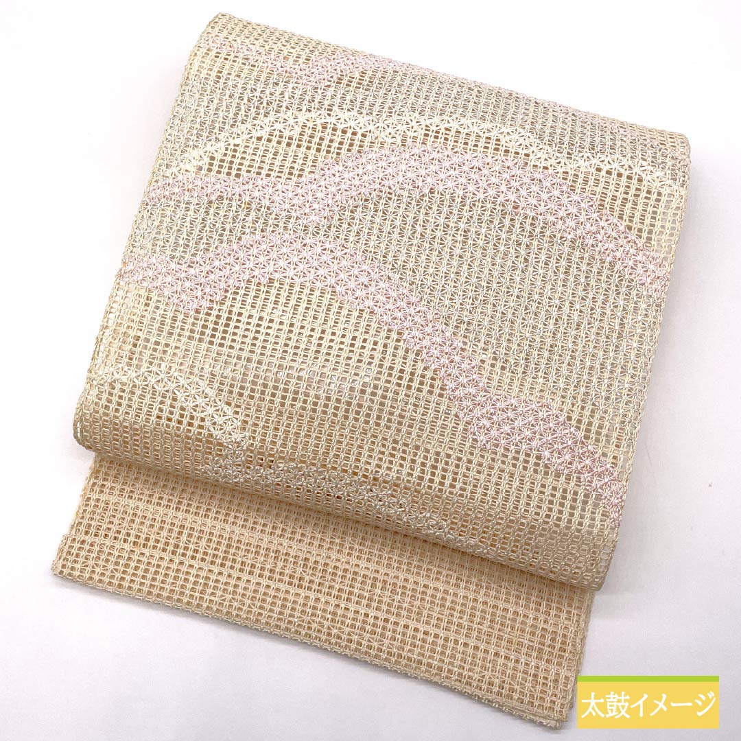 Nagoya Obi, Pure Silk, Off-White, Summer Obi, Abstract Pattern, 350cm Length, Rank B, Pointed Pattern, Semi-Formal, Beige, 1124008794325, Open-Leaf Style