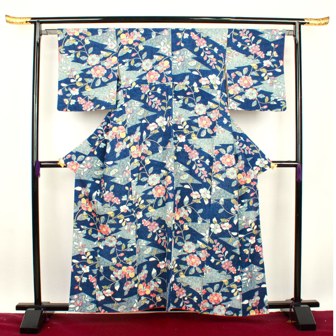 小紋 身丈158cm 裄丈64cm 袷  紺桔梗色 草花模様  正絹 Sランク 紺系 1115002512318