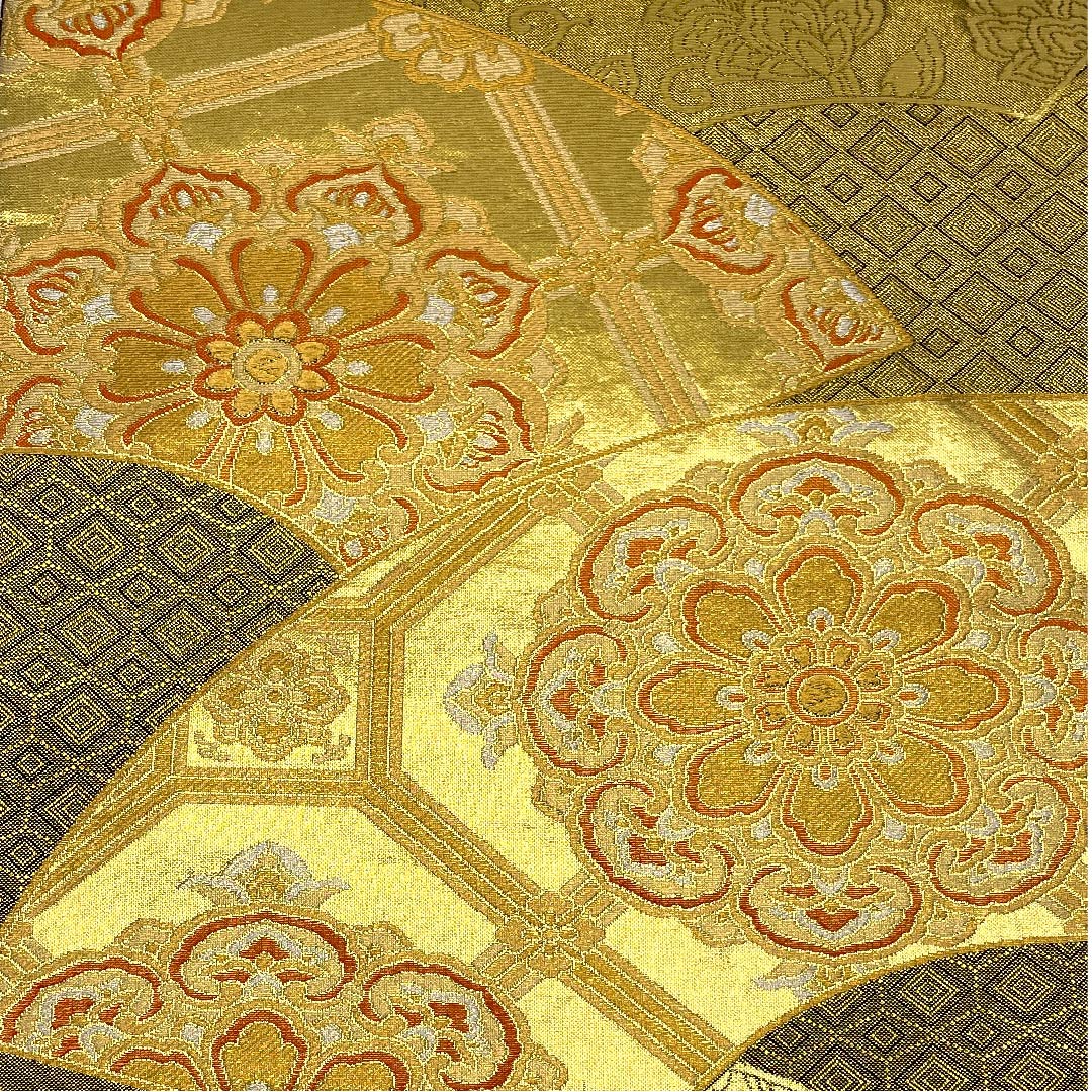 Fukuro-obi (sash), gold, pure gold leaf, full-length, ground paper, Shukko flower pattern, fan-shaped, obi length 438cm, pure silk, A rank, full-length, formal, gold-based, 1123006633321
