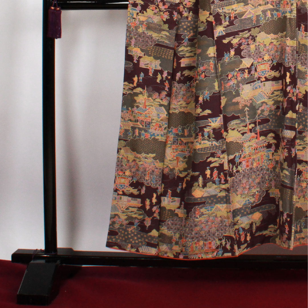小紋 身丈153.5cm 裄丈65cm 袷  紫烏色 時代人物風景模様  正絹 Sランク 紫系 1115002322220