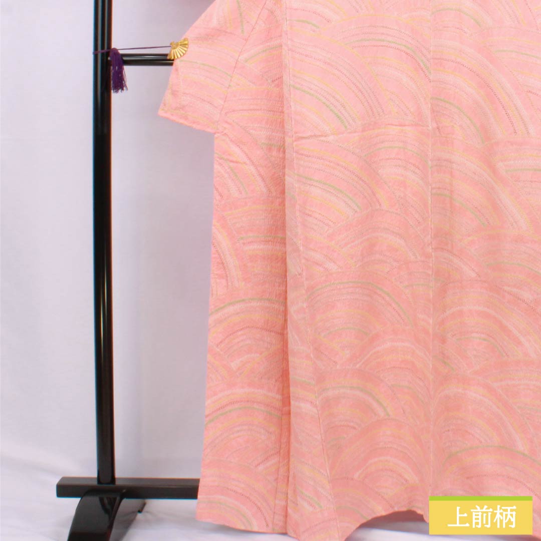 Komon (small pattern) kimono, pure silk, A rank, length 163cm, sleeve length 65.5cm, lined, Tokiiro (red), tie-dyed, Seigaiha (wave) pattern, pink, 1115007103413