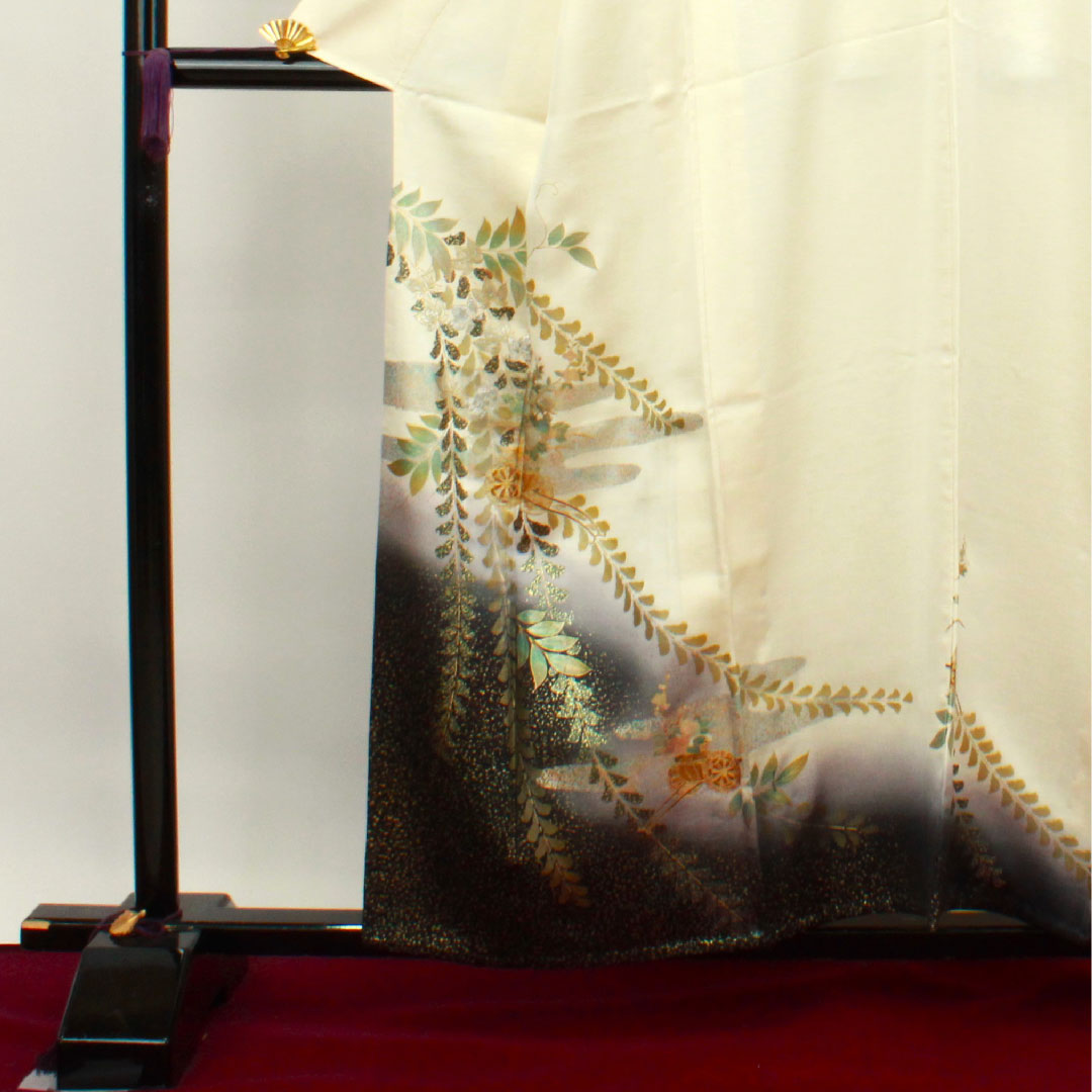 訪問着 正絹 単衣 身丈158.5cm 裄丈64cm 乳白色 金彩加工 花車 草花模様 Sランク クリーム系 1112003292315