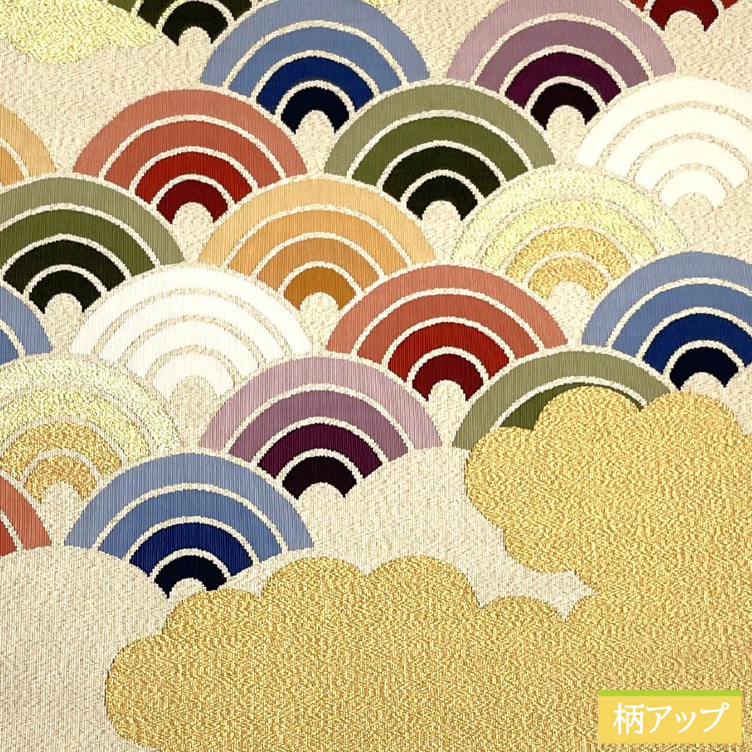 Nagoya Obi, Pure Silk, S-Rank, Tapestry Weave, Cloud Pattern, Seigaiha Pattern, 430cm Long, Gold Accents, Semi-Formal, Pine Needle Pattern, Item Number 1124010522421