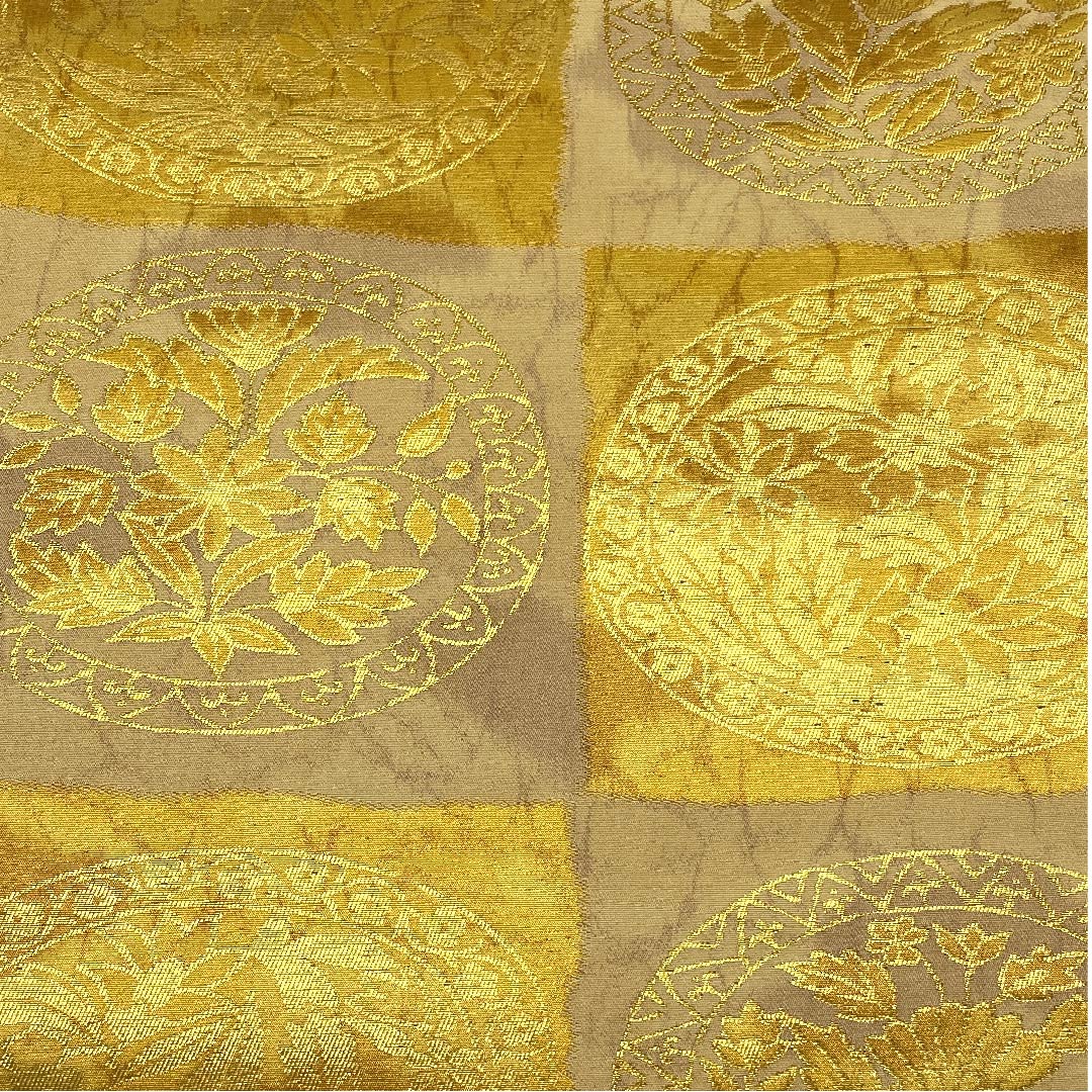 袋帯 薄卵色（うすたまごいろ） 市松模様 花丸模様 帯丈424cm 正絹 Sランク 六通 セミフォーマル 黄系 1123006622323
