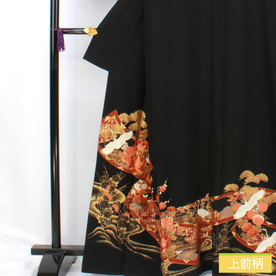 Black Tomesode Kimono, Polyester, Rank A, Length 163.5cm, Sleeve Length 64cm, Lined, Five Crests, Paulownia, Auspicious Patterns of Cranes, Pine Trees, and Plum Blossoms, Washable, Black, Item Number 1111001833410