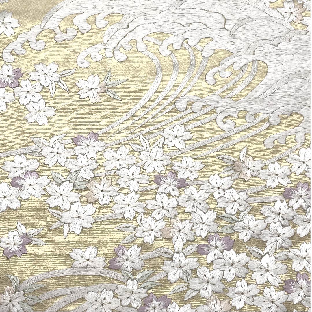 袋帯 薄卵色（うすたまごいろ） 刺繍 桜 波 露芝 帯丈450cm 正絹 Sランク 六通 フォーマル クリーム系 1123008152315