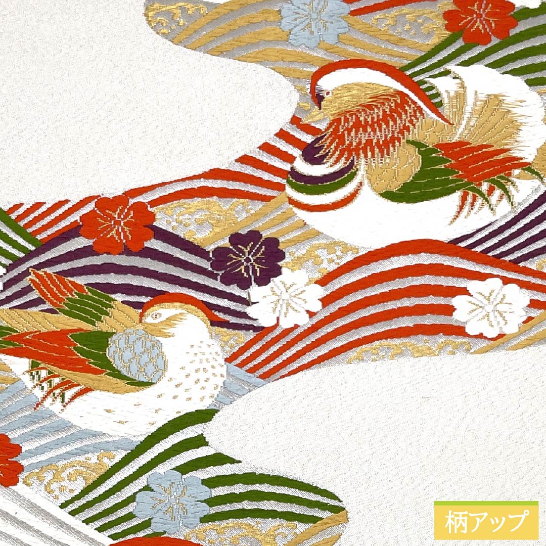 Nagoya Obi with a Mandarin and Cherry Blossom Design and Wave Pattern, Length 364cm, Pure Silk, A-Rank, Pointed Pattern, Silver, Semi-Formal, 1124008933322, Nagoya Style
