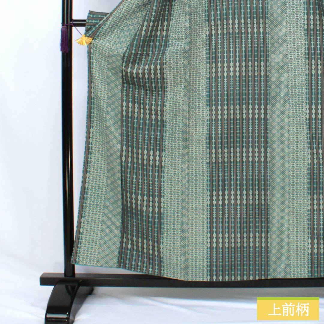 Polyester Komon, Rank S, Length 158cm, Sleeve-to-shoulder 65.5cm, Lined, Chalcanthite (Tanbairo) Color, Stenciled Dyeing, Abstract Pattern, Half-lined, Washable Kimono, Green-based, 1115007932319
