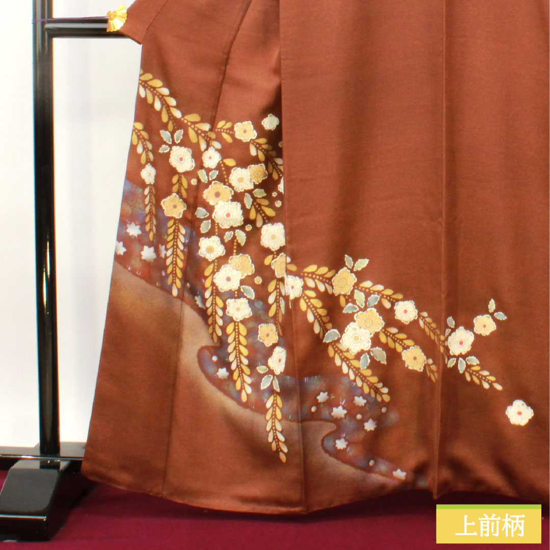 Homongi, pure silk, lined, length 163.5cm, sleeve length 68cm, chestnut color, Tsujigahana, one crest, Nakainkenkatabami, A rank, brown, 1112004913414