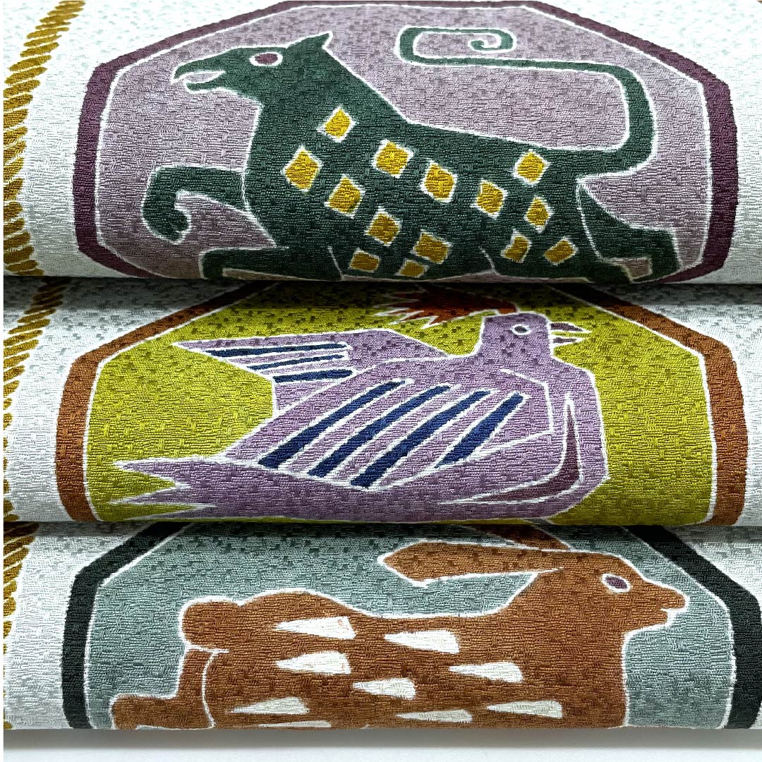 Nagoya obi, blue and white porcelain, artist's work, stencil dyeing, animal pattern, grape pattern, obi length 374cm, pure silk, S rank, point pattern, casual, blue, 1124005182317, Nagoya tailoring