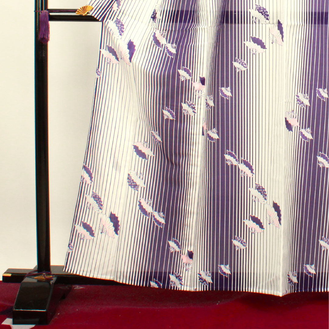 Summer kimono, polyester, small pattern, length 162.5cm, sleeve length 62cm, washable kimono, fan, stripes, silk, S rank, gradation style, 1132000712499