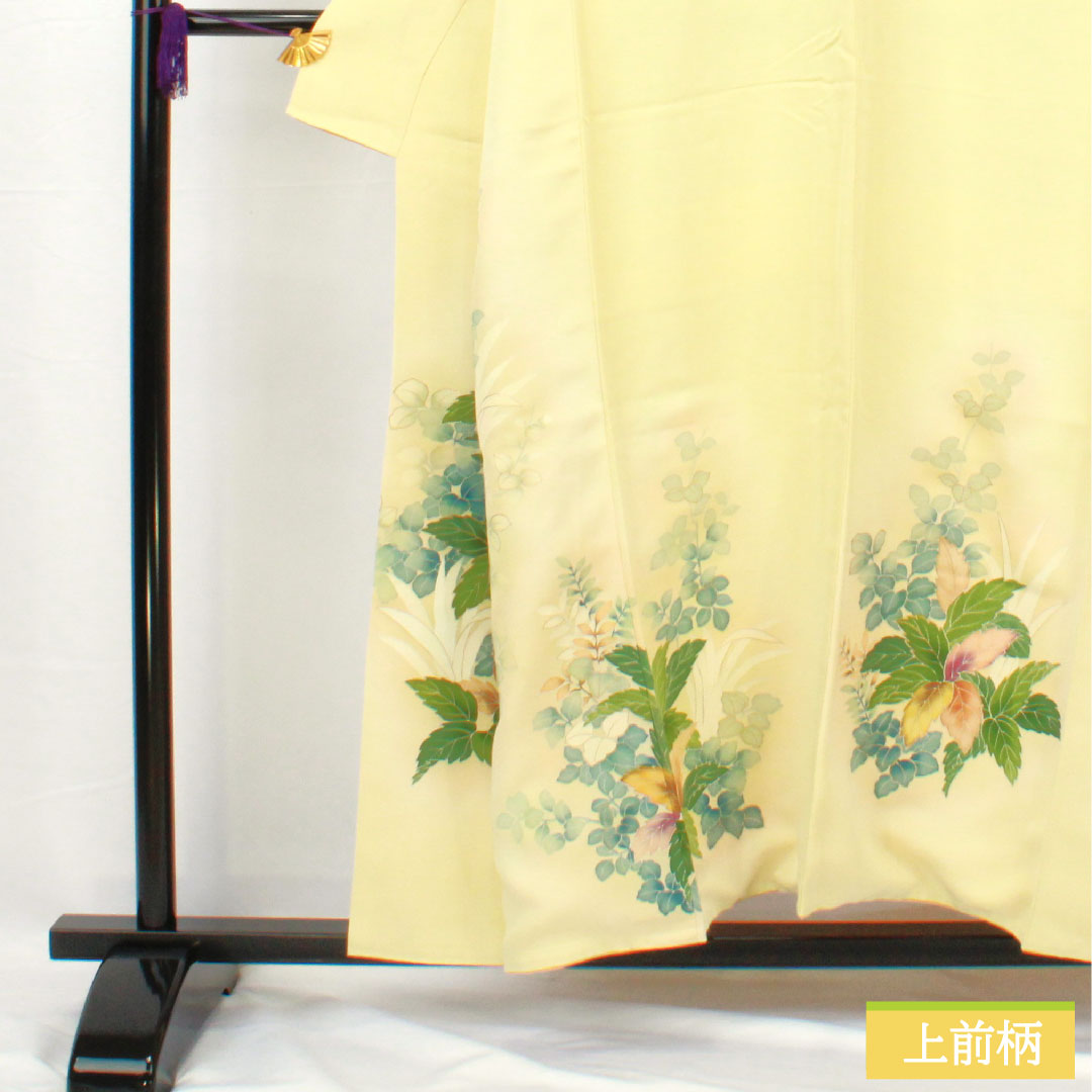 訪問着 正絹 袷 身丈156.5cm 裄丈63cm 淡黄色（たんこうしょく） 京友禅 草花模様 Aランク 黄系 1112005393323