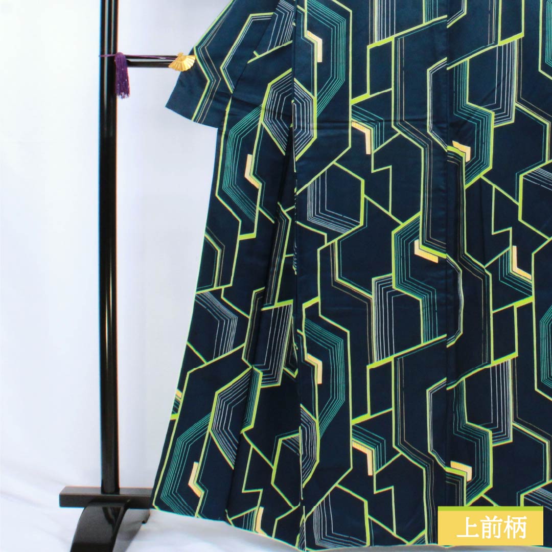 Komon (small pattern) polyester kimono, A rank, length 162.5cm, sleeve length 65cm, lined, navy blue (kon-iro) with geometric patterns, washable, navy blue, 1115007403418