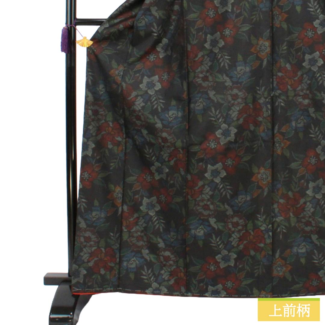 Tsumugi Silk S Rank Length 167cm (65.7in) Sleeve-to-sleeve 65.5cm (25.8in) Oshima Tsumugi Horizontal-weft Kasuri Floral Pattern With basting threads Lined Black 1116005262510