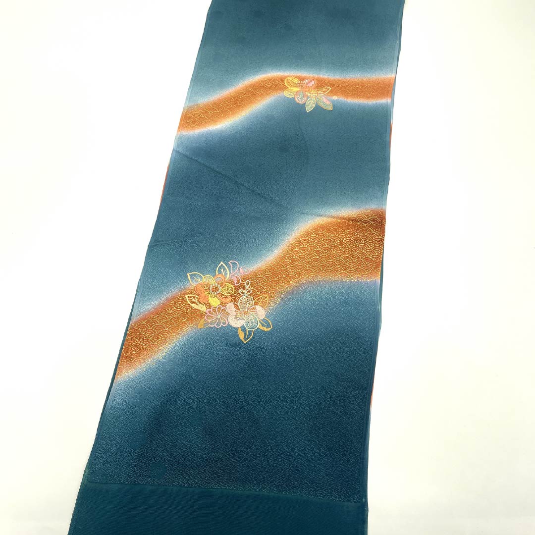 Obiage Silk S-rank Semi-formal Aitetu-iro (indigo iron color) Seigaiha flower embroidery Length approx. 173cm Width approx. 29cm Blue 1136002542917