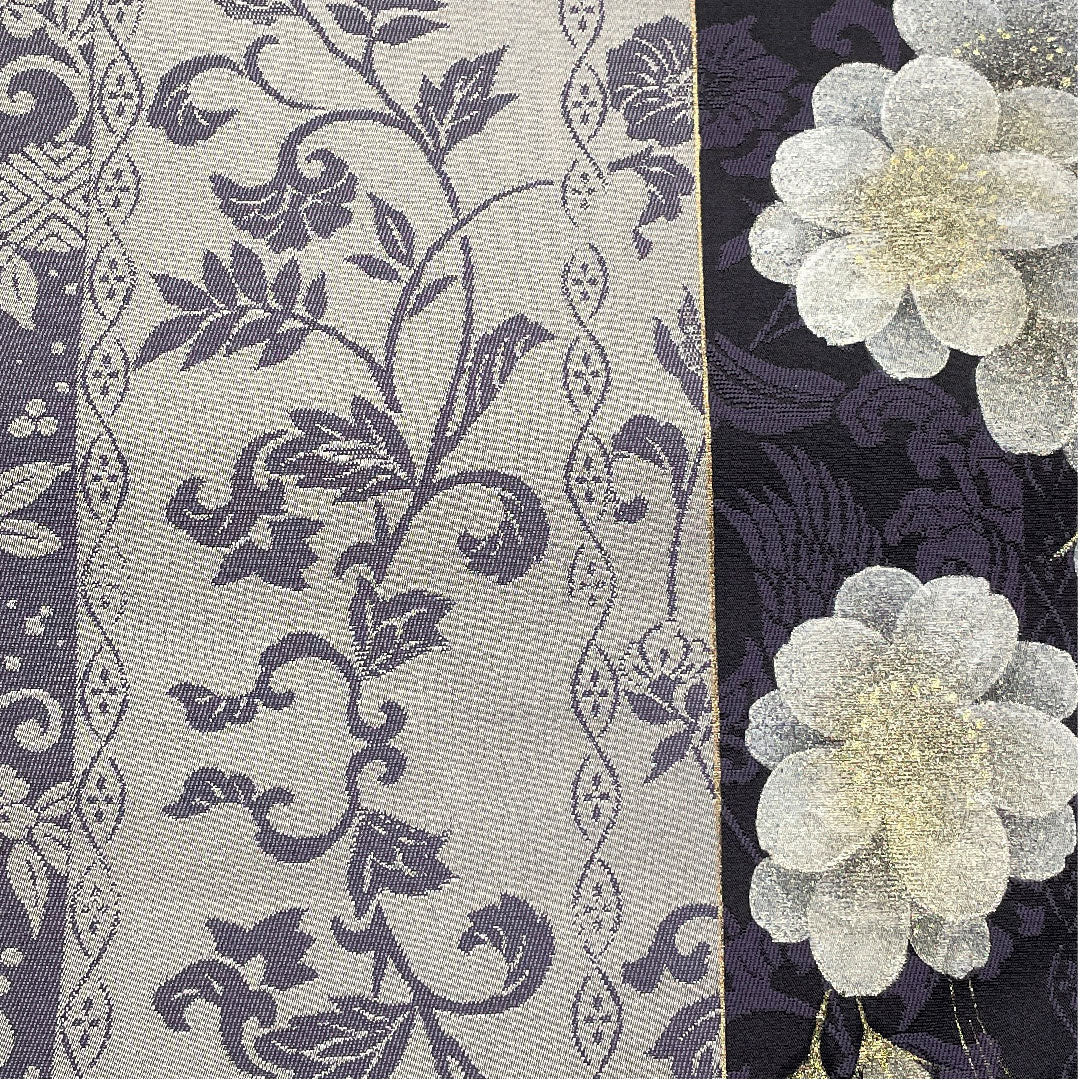 Reversible Fukuro Obi with Sakura Arabesque, Grapes and Phoenix, Length 462cm, Pure Silk, S Rank, Fully Open, Semi-Formal, Gray, 1123004992422