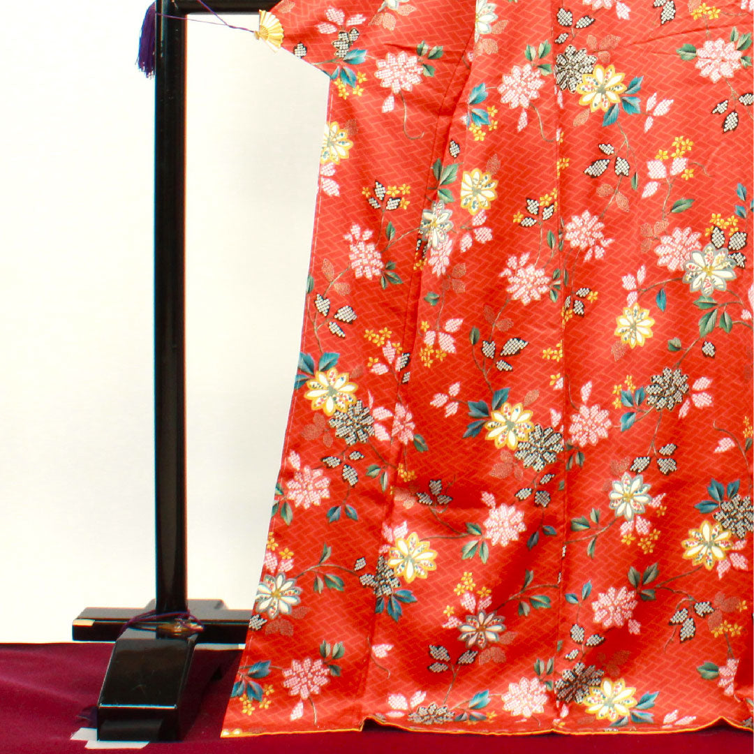 小紋 身丈175cm 裄丈65cm 袷  しつけ糸付き 銀朱色 草花模様  正絹 Sランク 朱系 1115002772816