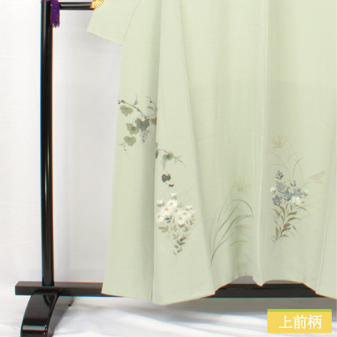 訪問着 正絹 袷 身丈155cm 裄丈65cm 白緑色（びゃくろくいろ） 草花模様 スコッチガード 付下げ Aランク 水色系 1112005453324