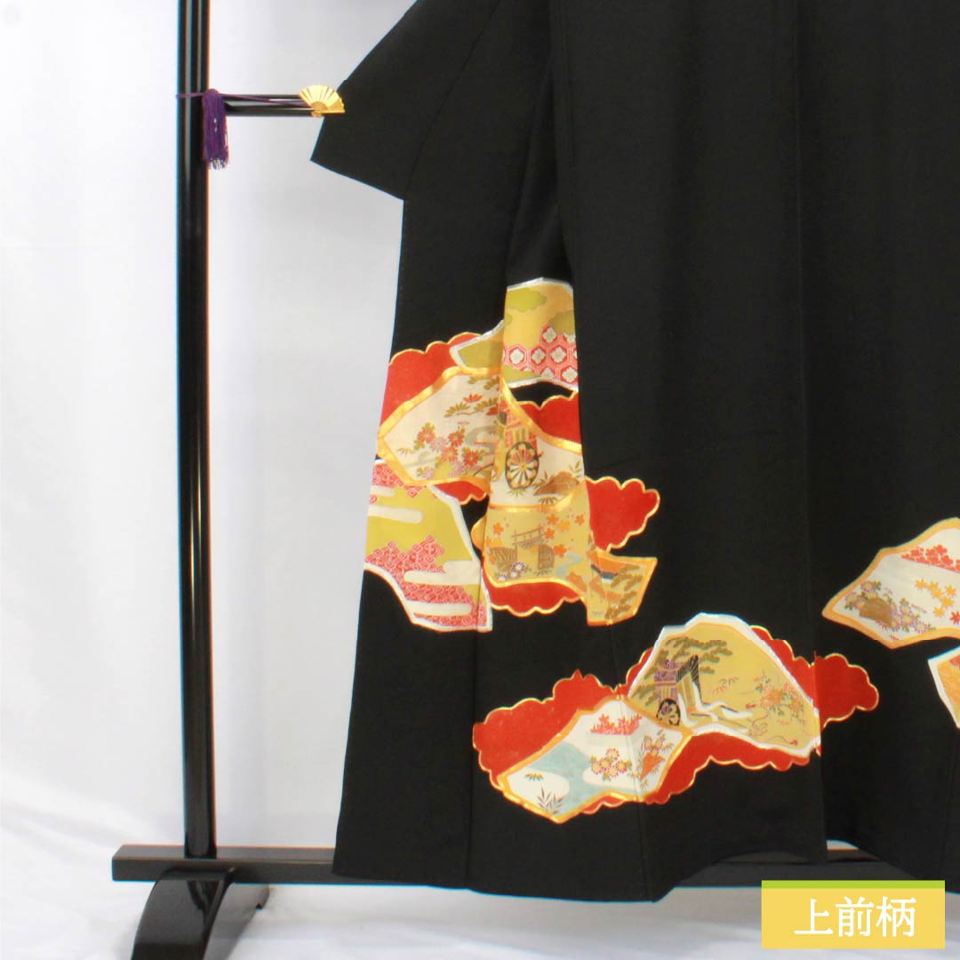 Black Tomesode (Japanese Kimono) - Pure Silk, Grade A, Length 155.5cm, Sleeve Length 63cm, Lined, Kyoto Yuzen, Five Crests, Gosan Paulownia, Auspicious Motifs, Imperial Carriage, Chaya-tsuji, Five Crests, Black, Item Number 1111001943310