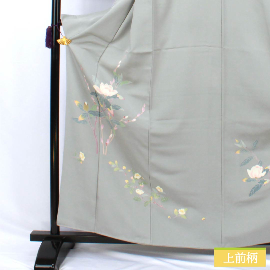 訪問着 正絹 Aランク 袷 身丈160.5cm 裄丈63cm 加賀友禅 草花 作家物 付下げ グレー系 1112006933422