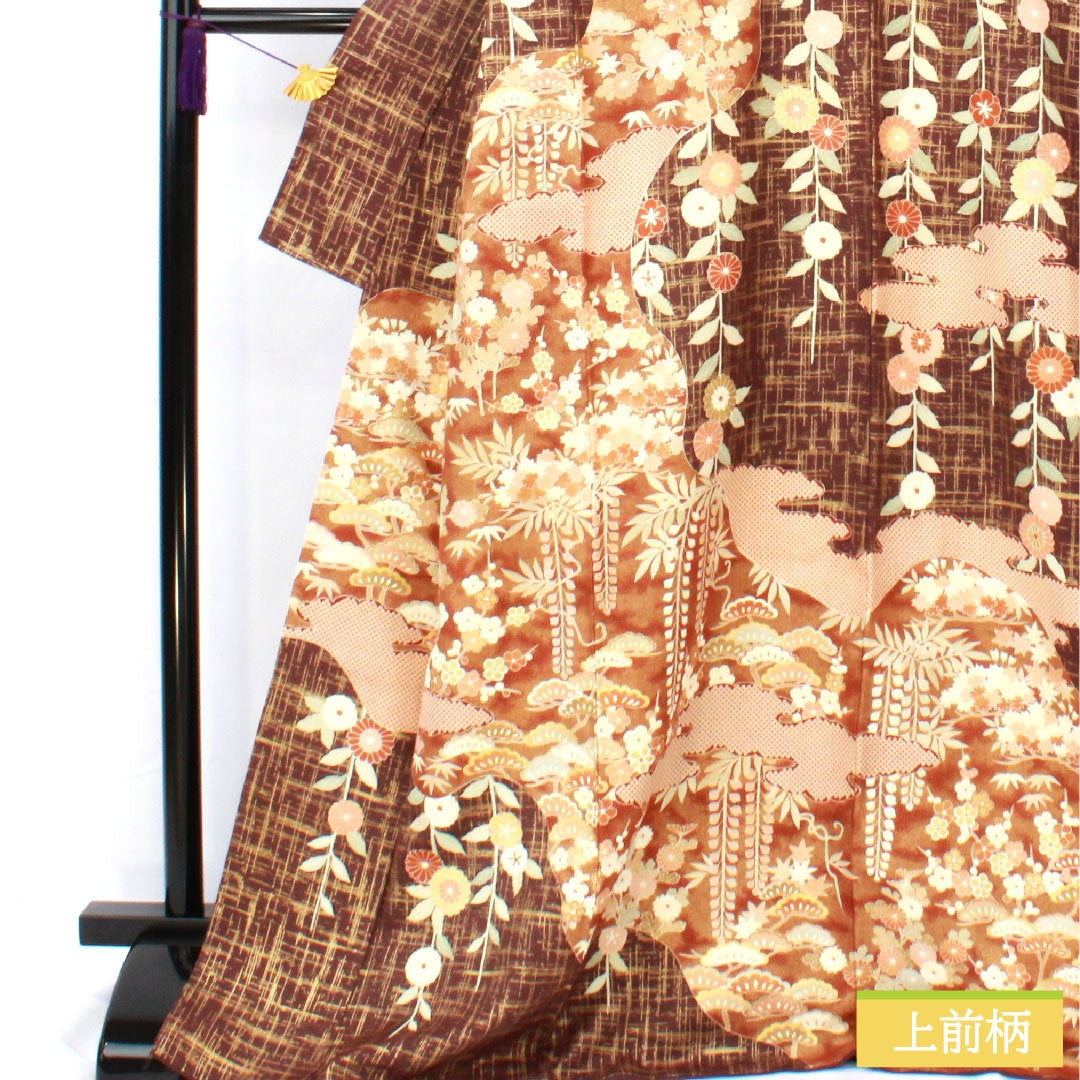 訪問着 正絹 袷 身丈170.5cm 裄丈63.5cm 黒紅梅色（くろこうばいいろ） 京友禅 松竹梅 菊 Sランク 茶系 1112004982614